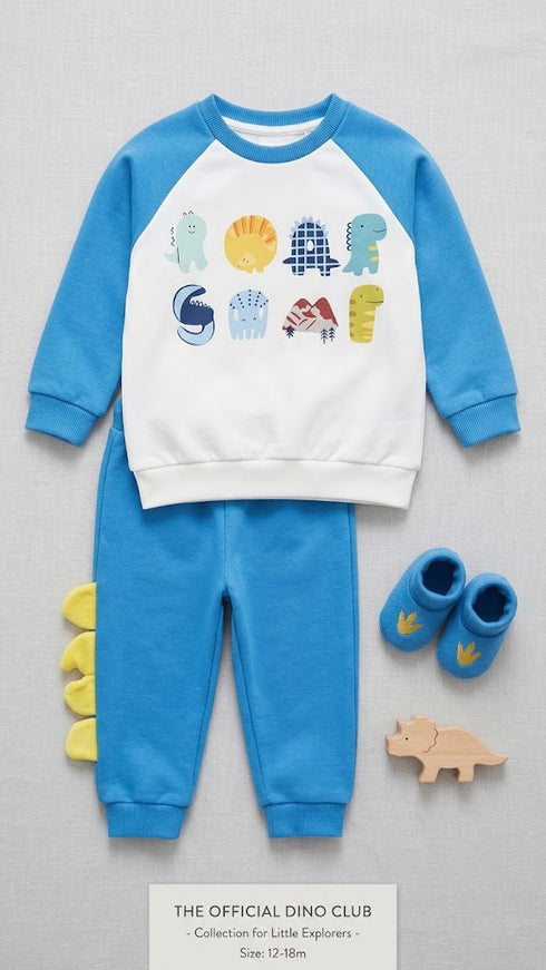 Boys Blue Dino Cotton Fleece Tracksuit for 2–8 Years