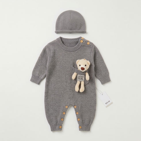Woolen Teddy Baby Boys Romper with Matching Cap Grey 0–18 Months