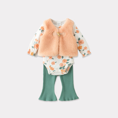 Baby Girls 3pc Suit Set Fancy Wear Bodysuit With Fluffy Upper & Trouser 16860