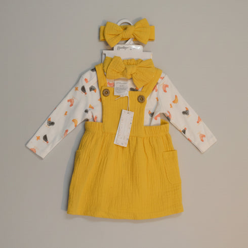 Baby Girls 3pc Suit Set Dangri Style Frock With Bodysuit & Headband 16823