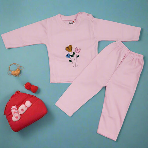 Basics Baby Pink Roundneck Shirt With Trouser Baby Night Suit -NB to 2Years  14991