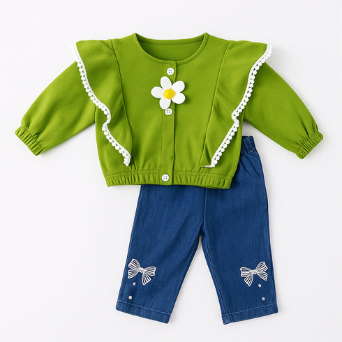 Girls Winter 2Pc Suit Floral Top With Denim Pants 16742