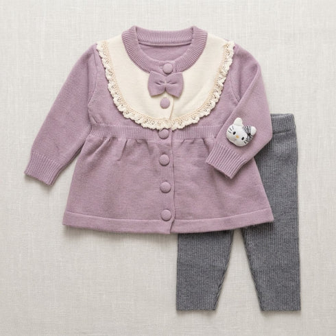 Baby Girls Purple and Grey Woolen Frock and Trouser Suit 6-24 Months
