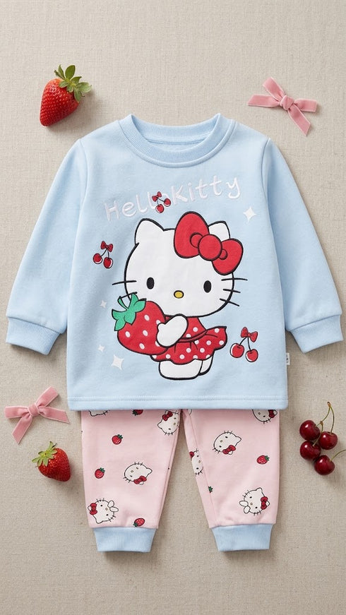 Fleece Blue Kitty Sweatshirt and Trouser Set for Toddler Girls 2–7 Years
