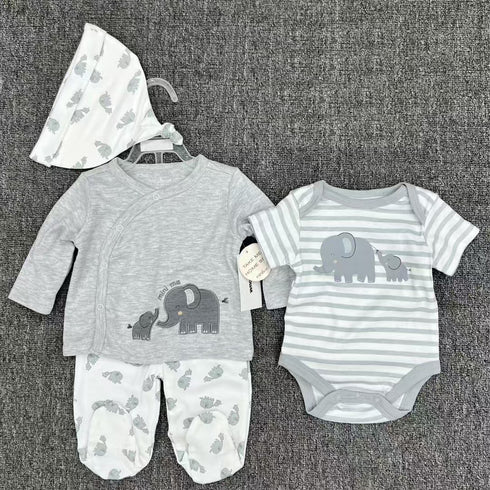 Infants 4Pc Suit Set Long Sleeves Shirt With Bodysuit Footed Trouser & Cap 16858