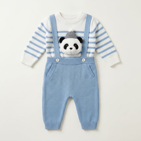 Woolen Baby Boys Dangri Set with Sweater Blue Striped 6–24 Months
