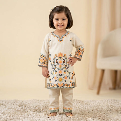 Girls Eastern Wear Shalwar Kameez Cream Embroidered