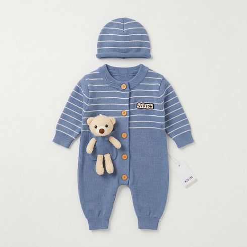 Woolen Teddy Baby Boys Romper with Cap Blue 0–18 Months