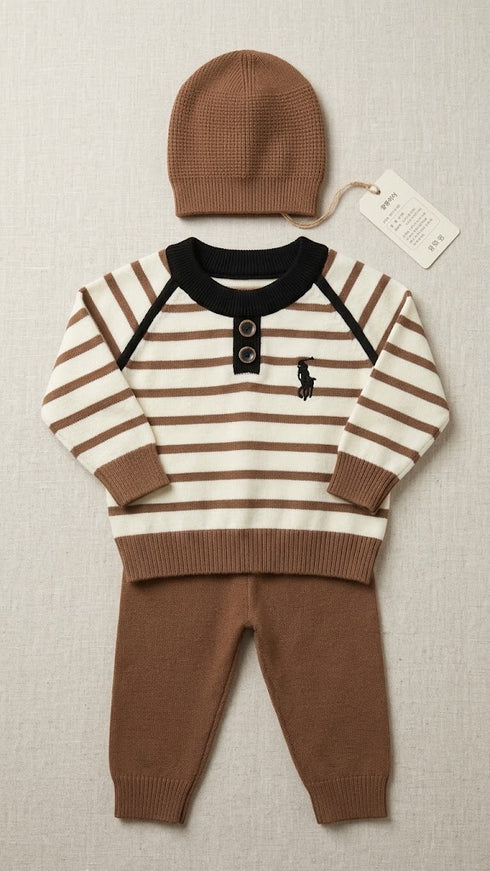 Woolen Baby Boys Dresses Brown and White Ralph Polo Sweater Set With Wool Cap 0-24M