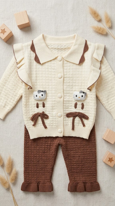 Woolen Kitty Baby Girl Dresses Sweater Trouser Set 0-24M
