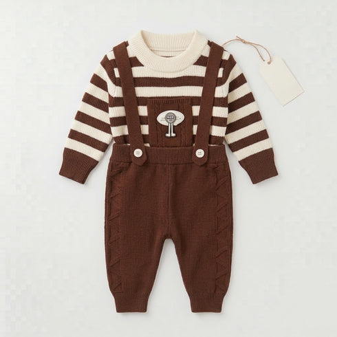 Woolen Baby Boys Dangri Set with Sweater Brown Striped 6–24 Months
