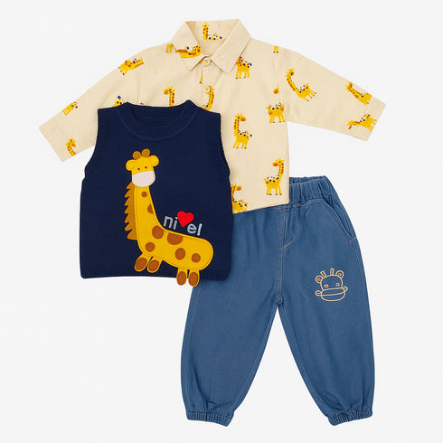 Kids Exclusive 3Pc Suit Cotton Shirt With Woolen Sando & Pants Set 16904