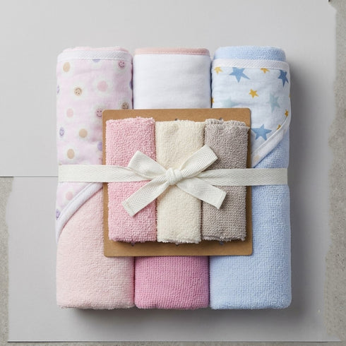 Hooded Baby Bath Towel Set with 3 Washcloths Blue Pink Star Flower