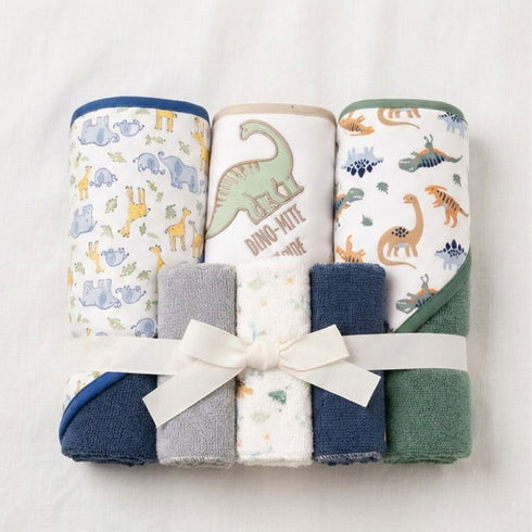 3Pc Hooded Baby Bath Towel Set with 3 Washcloths Dino Mite