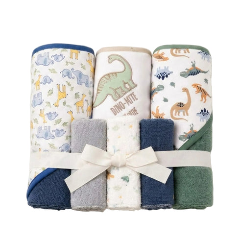 3Pc Hooded Baby Bath Towel Set with 3 Washcloths Dino Mite