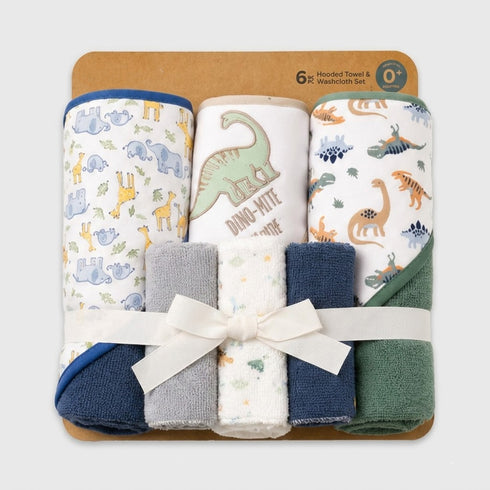 3Pc Hooded Baby Bath Towel Set with 3 Washcloths Dino Mite