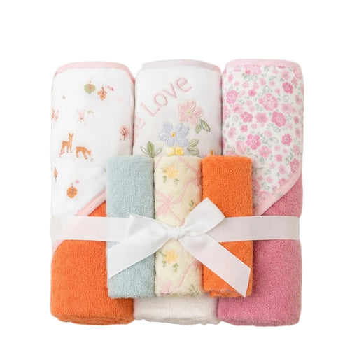 Hooded Baby Bath Towel Set with 3 Washcloths Love
