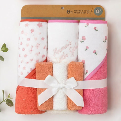 Hooded Baby Bath Towel Set with 3 Washcloths Red Pink White Mama’s Girl