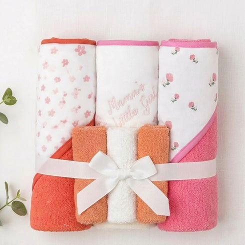 Hooded Baby Bath Towel Set with 3 Washcloths Red Pink White Mama’s Girl