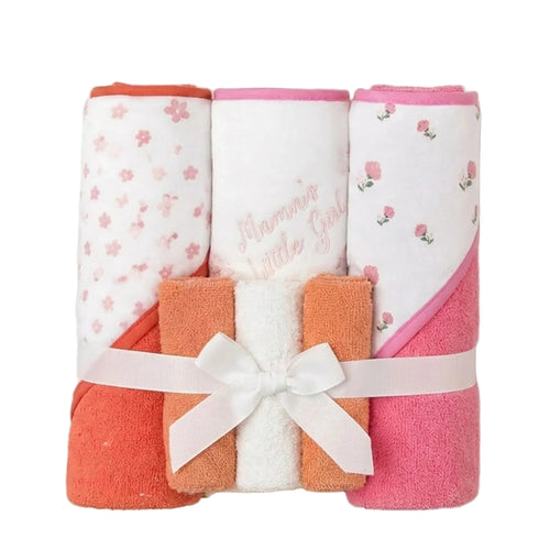 Hooded Baby Bath Towel Set with 3 Washcloths Red Pink White Mama’s Girl