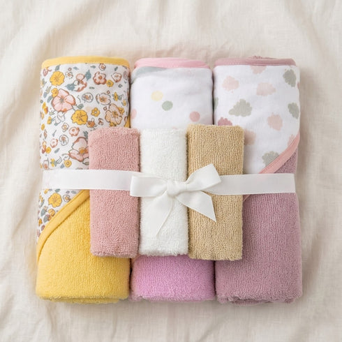 Hooded Baby Bath Towel Set with 3 Washcloths Pink Yellow Flower