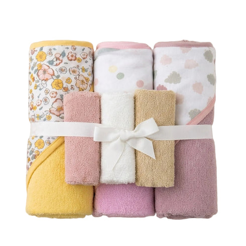 Hooded Baby Bath Towel Set with 3 Washcloths Pink Yellow Flower