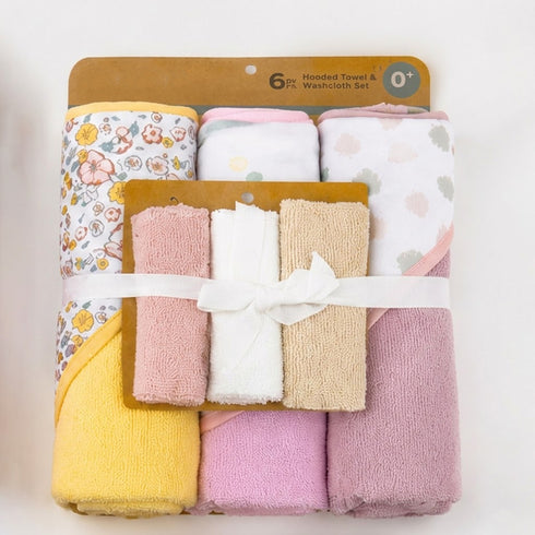 Hooded Baby Bath Towel Set with 3 Washcloths Pink Yellow Flower
