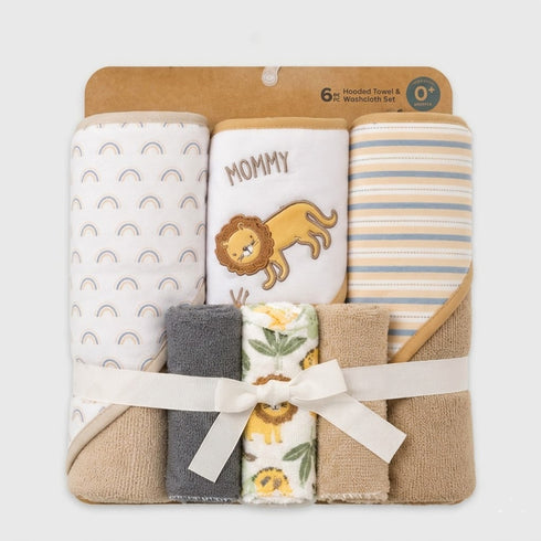 Hooded Baby Bath Towel Set with 3 Washcloths Brown White Roar