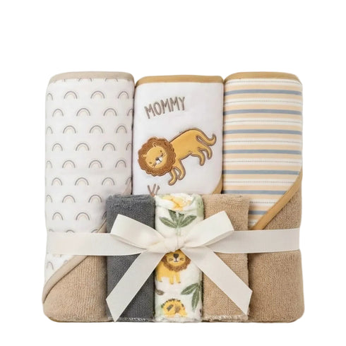 Hooded Baby Bath Towel Set with 3 Washcloths Brown White Roar