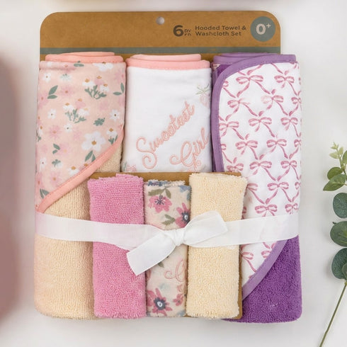 Hooded Baby Bath Towel Set with 3 Washcloths Purple Pink Sweetest Girl