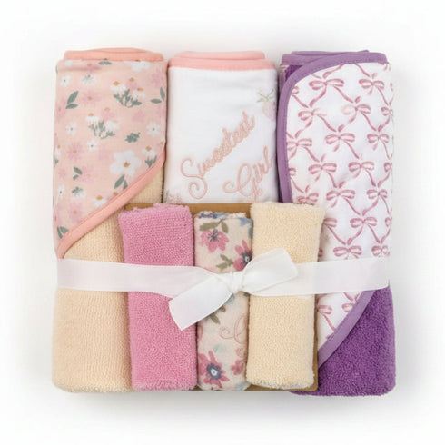 Hooded Baby Bath Towel Set with 3 Washcloths Purple Pink Sweetest Girl