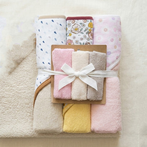 Hooded Baby Bath Towel Set with 3 Washcloths Yellow Beige Pink Flowers