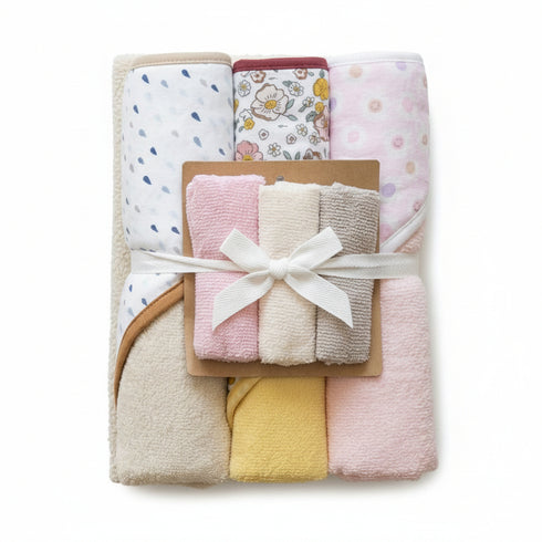 Hooded Baby Bath Towel Set with 3 Washcloths Yellow Beige Pink Flowers