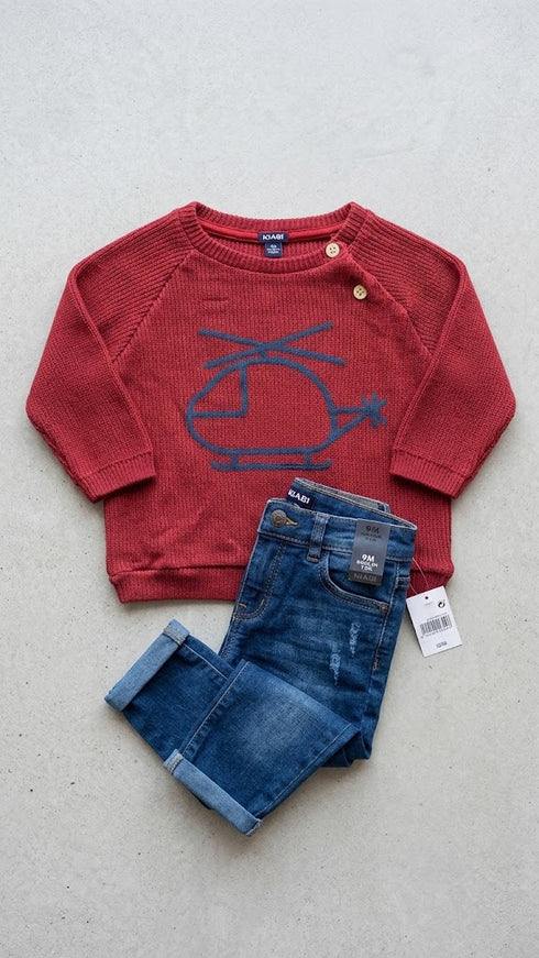 Baby Boys Suits with Red Shirt & Blue Denim Pants
