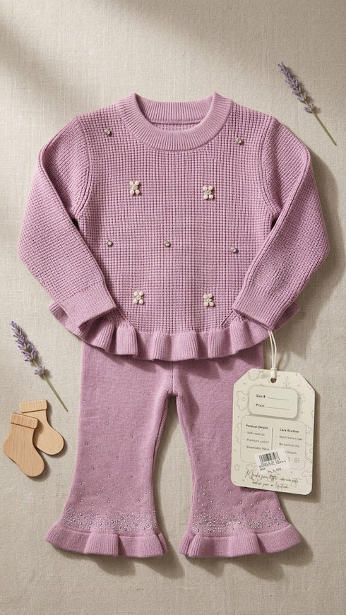 Woolen Tea Pink Glitter Stone Baby Girl Dresses Sweater Trouser Set 0-24M