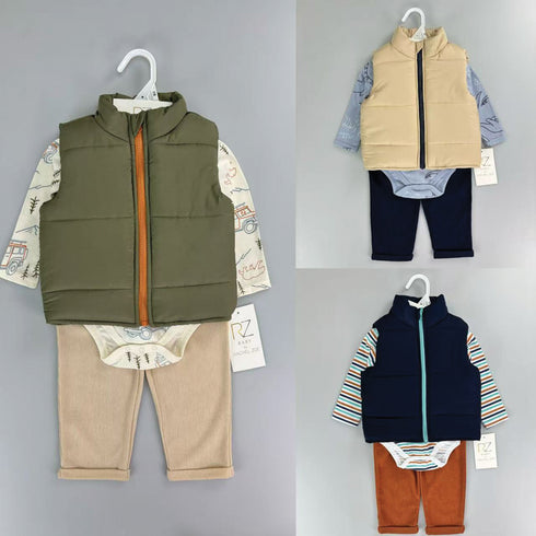 Baby Boys Exclusive Winter Suit Set Puffer Jacket, Long Sleeves Bodysuit & Trouser 17445