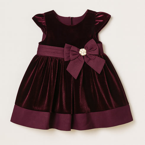 Baby Girls Frilled Velvet Burgundy Party Frock 17321