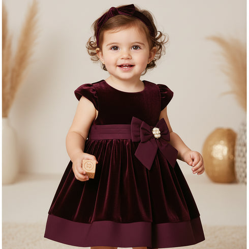 Baby Girls Frilled Velvet Burgundy Party Frock 17321