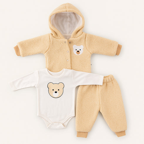 Infants 3Pc Suit Puffer Hoodie With Cotton Bodysuit & Trouser For Winter Set Unisex 17182