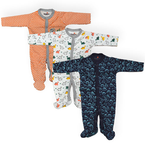 Basics Romper Set Pack Of 3 Cozy Sleep suits 0-24M Dino 15555