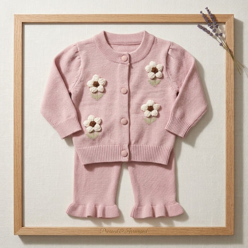 Woolen Pink Floral Baby Girl Dresses Sweater and Trouser Set 0-24M