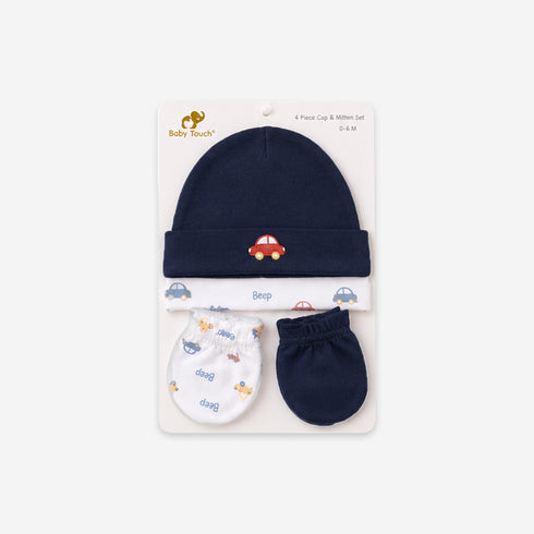 Baby Cap and Mitten Set Blue White Beep Beep