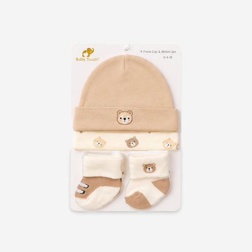 Baby Cap and Socks Set Beige White Baby Bear