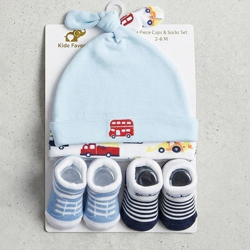 Baby Caps and Socks Set Blue Vehicles