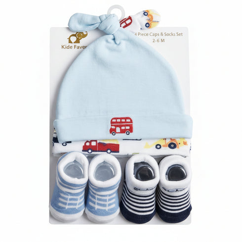 Baby Caps and Socks Set Blue Vehicles