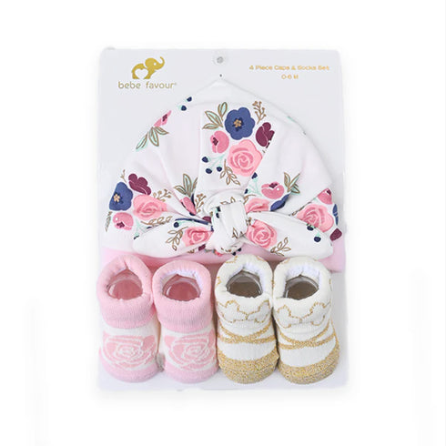 Baby Turban Caps and Socks Set Pink Floral