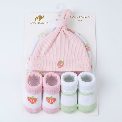 4Pc Baby Caps and Socks Set Pink White