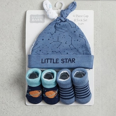 4Pc Baby Caps and Socks Set Purple White Little Star