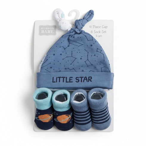 4Pc Baby Caps and Socks Set Purple White Little Star