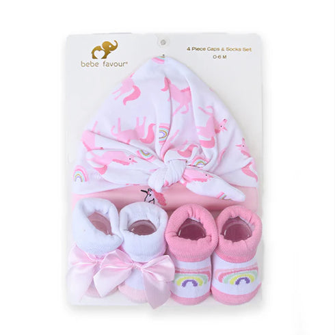 Baby Turban Caps and Socks Set Pink Unicorn